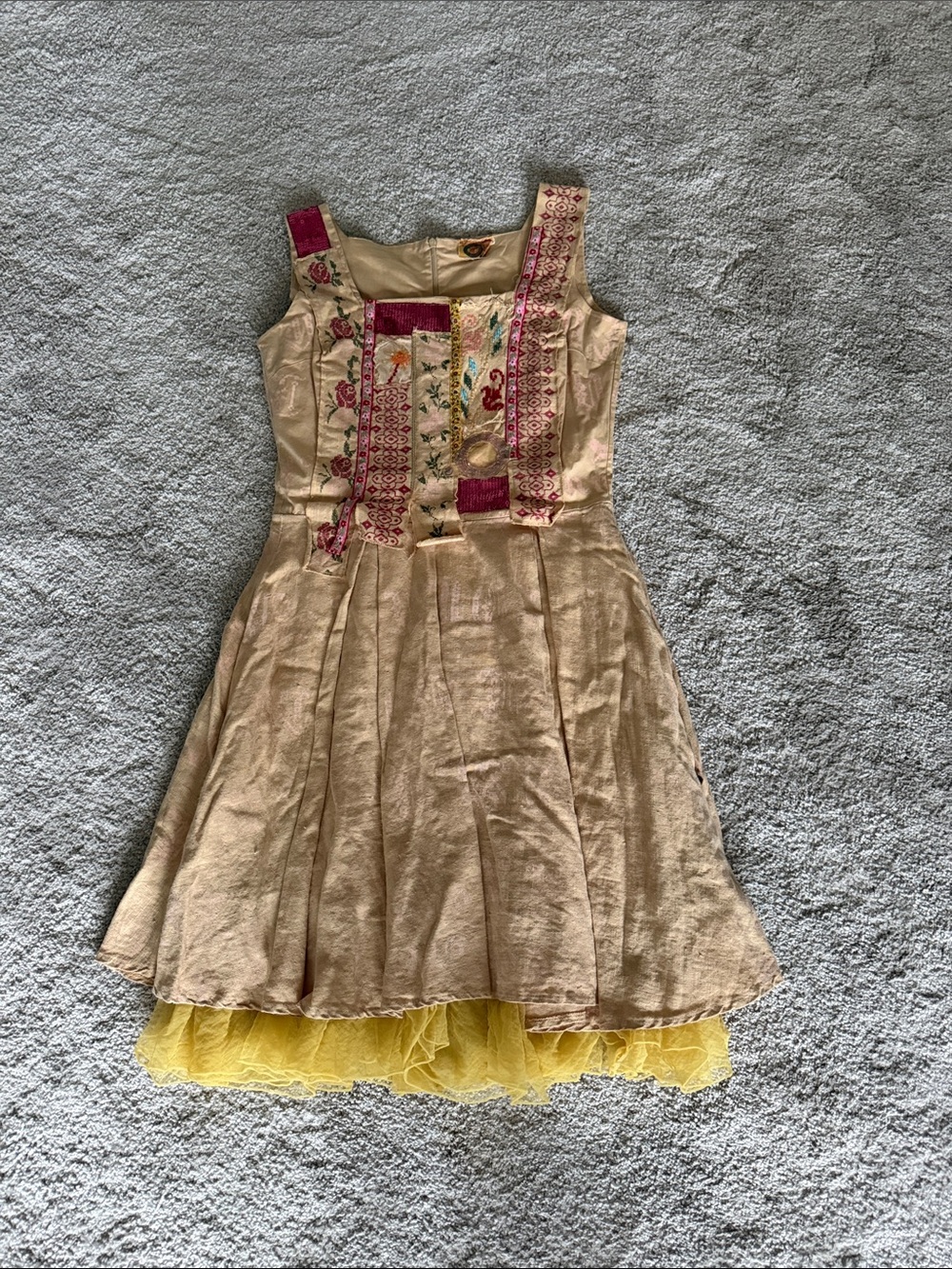 Beige Embroidered Party Dress with Yellow Tulle